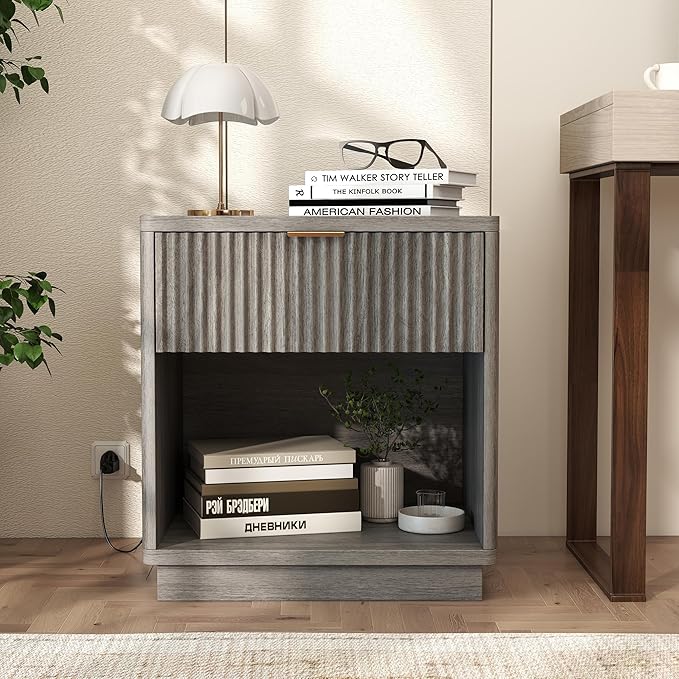 Miereirl Fluted Nightstand Charging Station, Wooden Vintage Night Stands Curved Corners Storage Cabinet for End Table with Drawers, Light Grey Oak