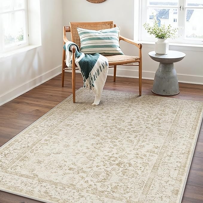 4x6 Brown Area Rug Non Slip Vintage Office Entryway Rug Distressed Machine Washable Kitchen Carpet Traditional Retro Floral Accent Throw Door Mat for Bedroom Bathroom Dining Living Room