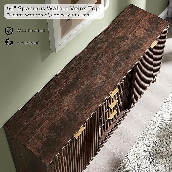 T4TREAM Fluted Buffet Cabinet, 60" Modern Sideboard with Sliding Doors & 4 Drawers, Coffee Bar Table with Storage, Curved Profile Design for Dining Room, Living Room, Dark Walnut
