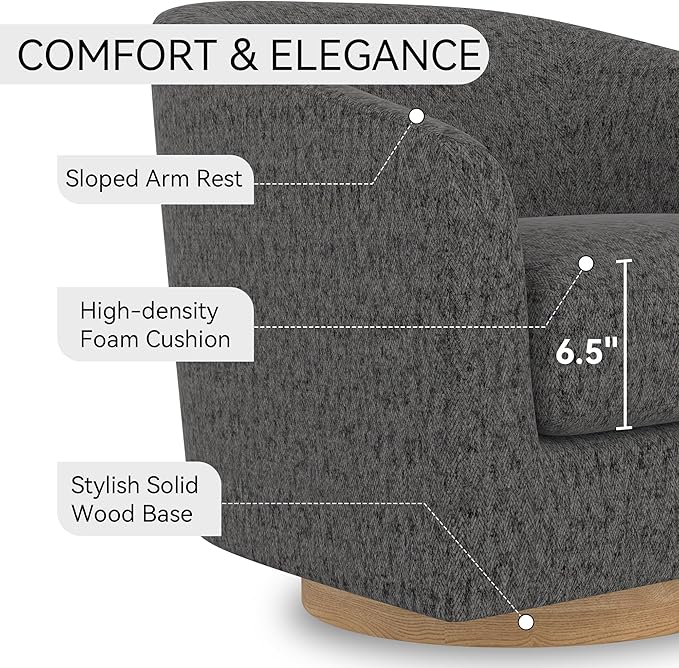 Swivel Barrel Accent Chair with Solid Wood Base, Round Fabric Living Room Arm Chairs, Modern Upholstered Comfty Reading Nook Chairs for Bedroom, Club Armchair, Single Sofa Side Chair, Grey