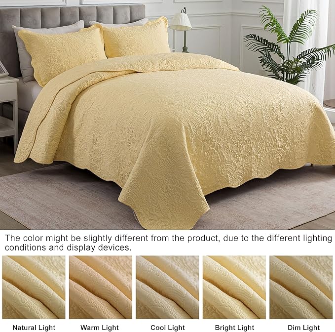 HoneiLife Queen Size Quilt Sets - 3 Piece Queen Quilt Bedding Set Microfiber Quilt Set Lightweight Bedspreads Reversible Coverlets Retro Bed Cover Floral Bedding Set All Season Quilts-Yellow