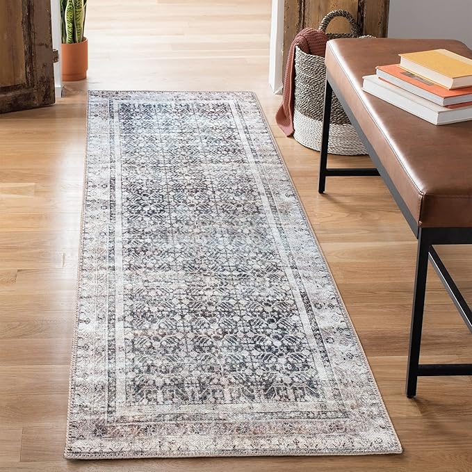 Bloom Rugs Washable Non-Slip 12 ft Runner - Tan/Blue/Green Traditional Runner for Entryway, Hallway, Bathroom, and Kitchen - Exact Size: 2.5' x 12'