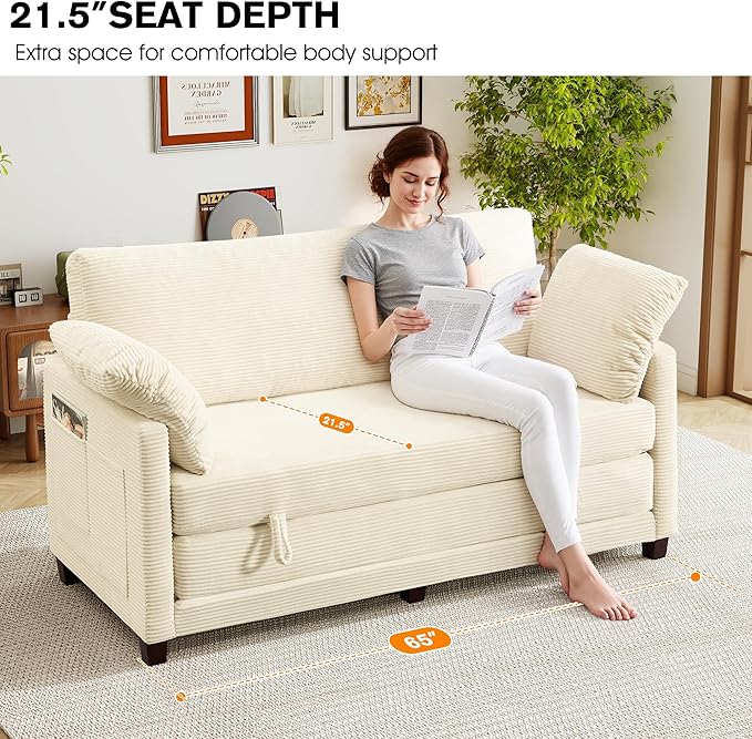 65" Loveseat Sleeper Sofa Bed, Corduroy Convertible Sofa Bed for Small Spaces, Folding Couch Bed with Deep Seat, 2 Pillows & Solid Frame, Pull Out Floor Couches for Living Room, Beige