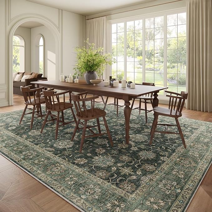 Washable 10x14 Area Rugs for Living Room, Boho Non-Slip Vintage Distress Large Rugs for Bedroom Dining Room Office, 0.3" Neutral Oriental Throw Thin Carpet, Sage Green/Blue/Multi