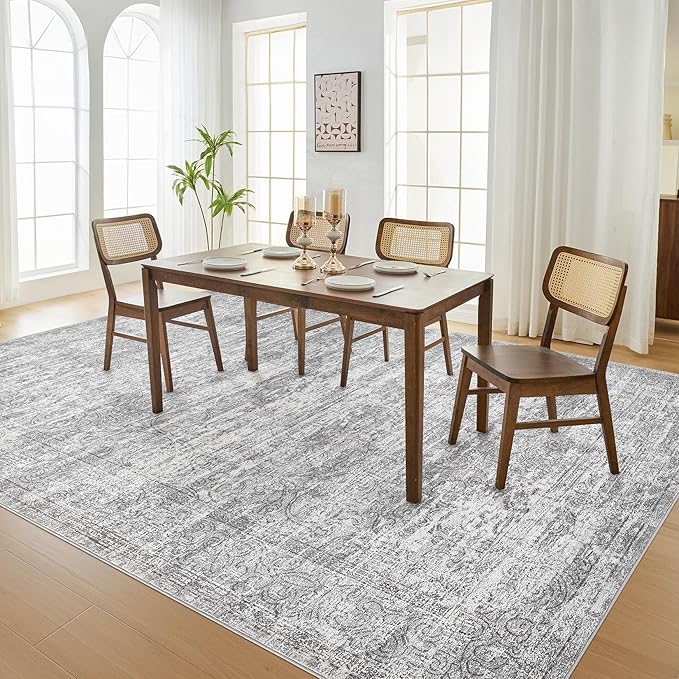 Area Rug Living Room Rugs - 9x12 Abstract Large Soft Indoor Washable Rug Neutral Modern Low Pile Carpet for Bedroom Dining Room Farmhouse Home Office - Vintage Grey