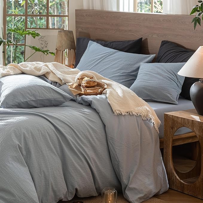 MooMee Wavy Striped Duvet Cover Set 100% Washed Cotton Linen Like Textured Breathable Durable Soft Comfy (Cornflower Blue, Cal King 104"x98")