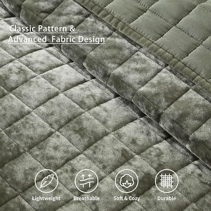 LEAONME Velvet Quilt Full/Queen Size-90''x98'', Lightweight Olive Green Velvet Comforter Set with 2 Pillow Shams, Soft Bedspread Coverlet Quilted Bedding Set for All Season