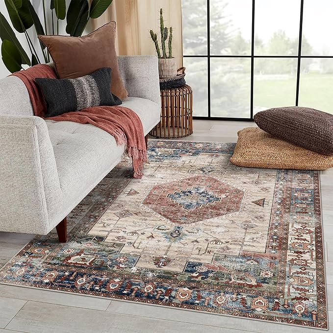 vivorug 4x6 Rug, Small Area Rug for Living Room, Bedroom, Kitchen, Machine Washable Non-Slip Throw Rug, Vintage Carpet for Entryway Nursery Coffee Table - Durable (Brown)