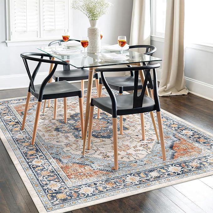 vivorug 9x12 Area Rugs for Living Room, Non Slip Machine Washable Vintage Rug, Ultra-Thin Lightweight Large Area Rug for Bedroom, Dining Room, Low Pile Rug Orange/Navy