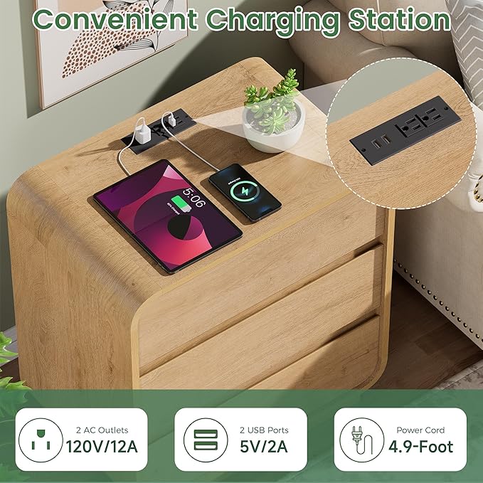 Farmhouse Nightstand, 25" Tall Wood Bedside Table with Charging Station, 3 Storage Drawers Side Table, Large End Table Night Stand for Bedroom, Office, Sofa, Curved Profile, Natural