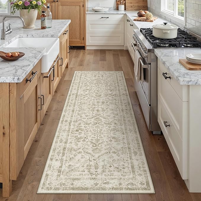 Taupe 2x6 Runner Rug Vintage Area Carpet Hallway Indoor Kitchen Washable Low Pile Traditional Distressed Retro Accent Throw Rug Non Slip for Laundry Bathroom Office