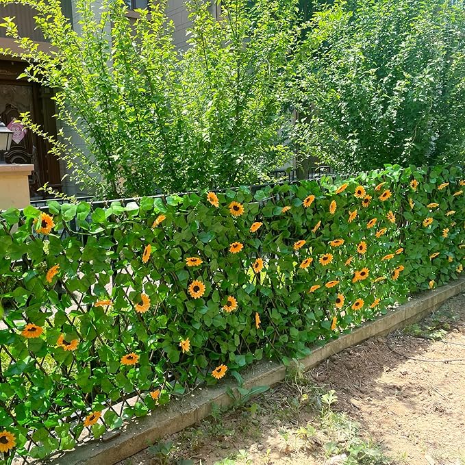 GLANT Expandable Fence Privacy Screen for Balcony Patio Outdoor,Decorative Faux Ivy Fencing Panel,Artificial Hedges (Single Sided Leaves) (2, Sunflowers)