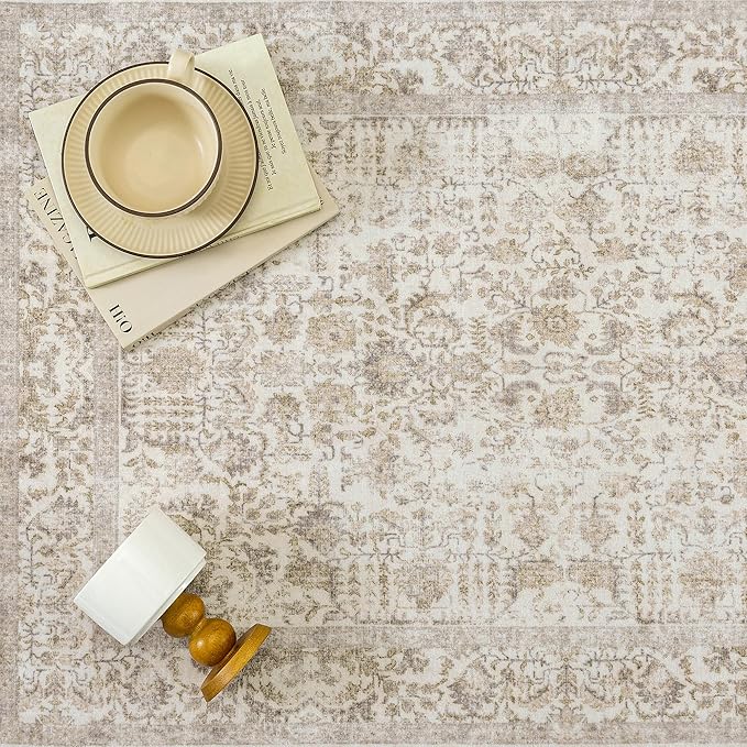 Light Brown Area Rug 5x7 Machine Washable Vintage Living Room Distressed Non Slip Carpet Traditional Indoor Bedroom Retro Floral Accent Throw Large Rug Office Kitchen Bathroom Dining Room
