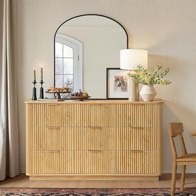 win2win 9 Drawer Dresser, Modern Dresser with Storage, 55" Wide Fluted Chest of Drawers with Faux Marble Top, Dressers TV Stand, Minimalist Drawers Organizer for Bedroom, Living Room, Hallway, Oak