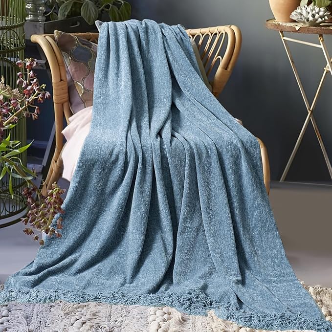 Chenille Throw Blanket for Couch 50"X 60", Soft Cozy Throws with Fringe Tassel for Bed Sofa Chair Cover, Lightweight Knitted Decorative Boho Blankets for Living Room, Dusty Blue