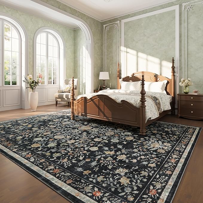 AMADA HOMEFURNISHING Area Rugs 9x12, Washable Floral Rug Non Slip Large Living Room Rug Vintage Distressed Soft Carpet for Bedroom, Dinning Room, Home Office