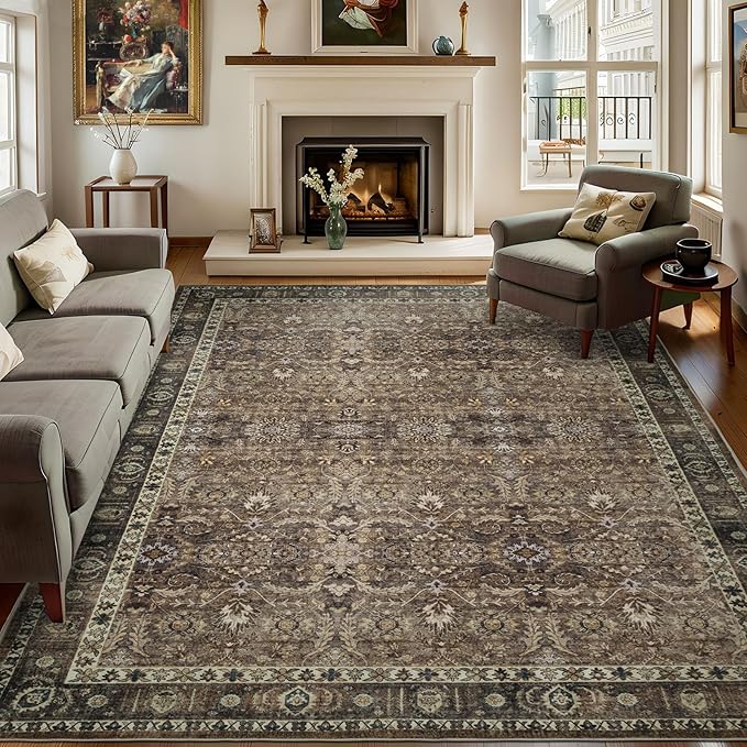 8x10 Vintage Washable Area Rug for Living Room,Low Pile Non Slip Carpet Non-Shedding Large Area Rug Soft Indoor Stain Resistant Rug Floral Print Mat for Bedroom Dining Room Brown Floral