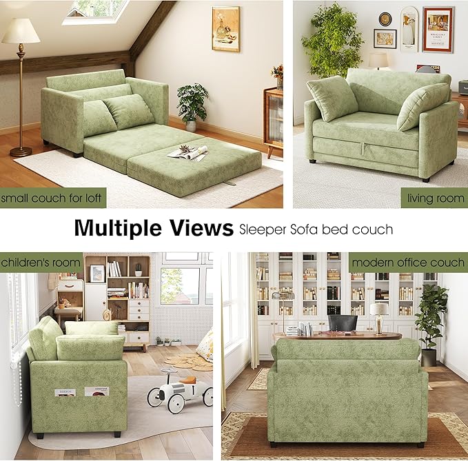 51" Loveseat Sleeper Sofa Bed, Chenille Convertible Floor Sofa Bed for Small Spaces, Folding Couch Bed with Deep Seat, 2 Pillows & Solid Frame, Pull Out Couch for Living Room, Light Green