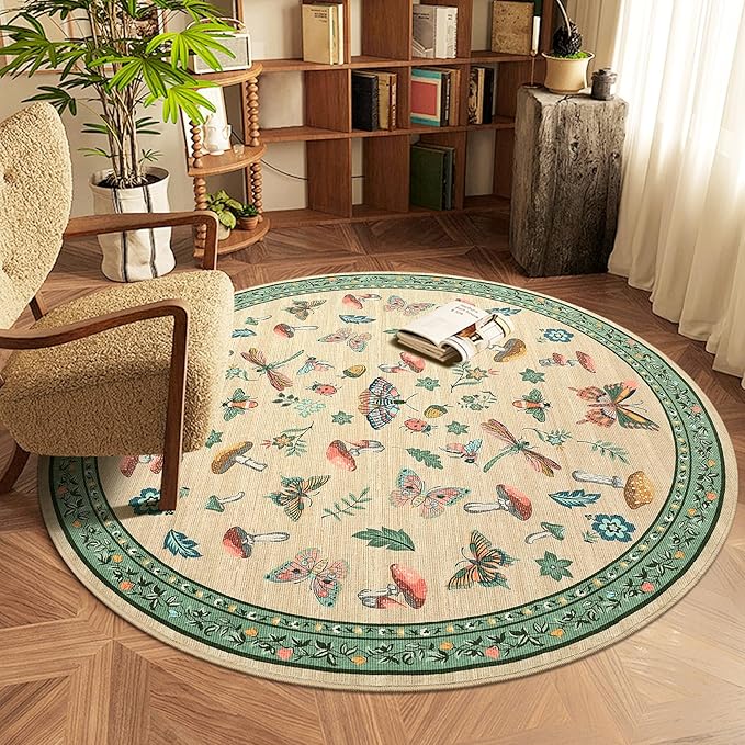 Mushroom Insect 5ft Round Rug Washable Non-Slip Soft Ultra-Thin Small Boho Circle Carpet for Entryway Kitchen Bedroom Nursery Dining Room Khaki Green