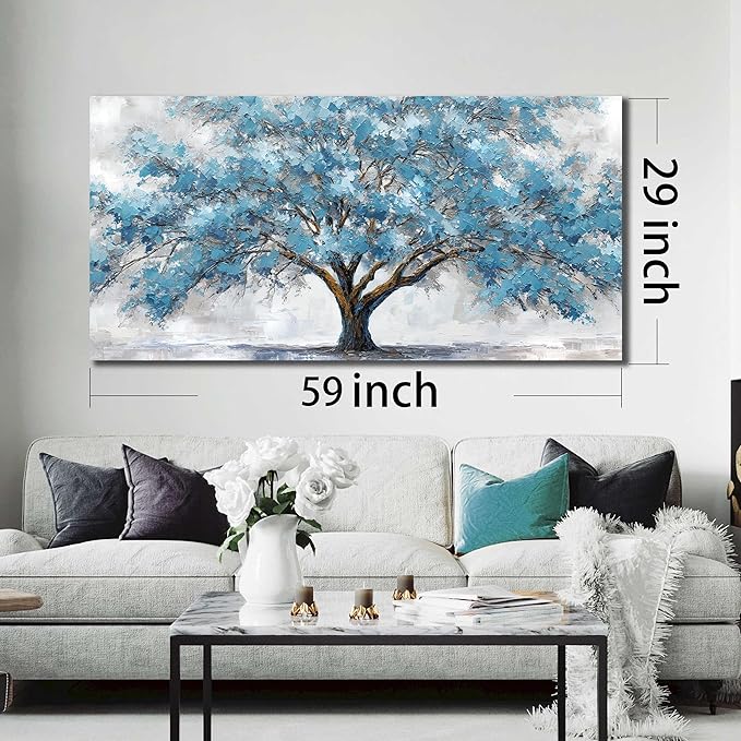 JuhaiArt Tree Wall Decor Teal Wall Art for Living Room Home Office White Canvas Art Large Artwork modern Prints 29" x 59"