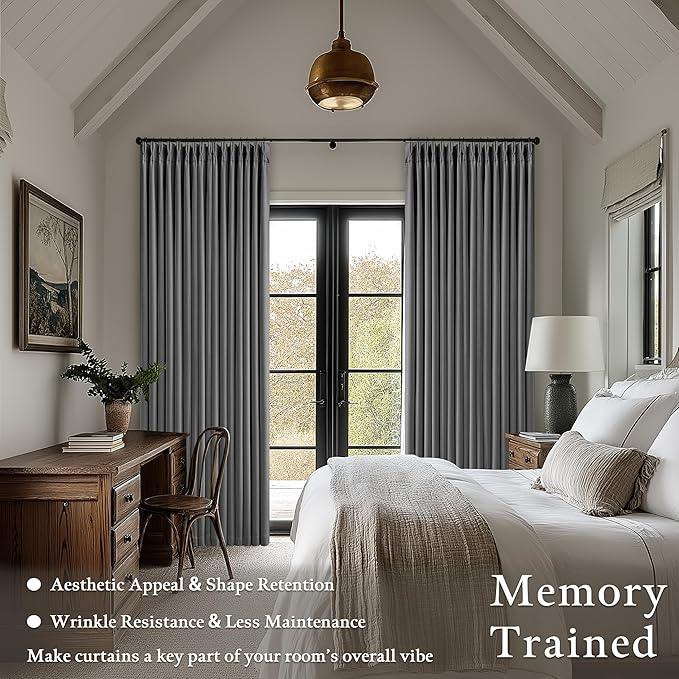 Dark Gray Linen Blackout Pleated Curtains 90 Inches Long for Living Room Darkening Pinch Pleat 100% Black Out Drapes Thermal Insulated Soundproof Charcoal Grey 90 Inch Curtain for Dining Bedroom