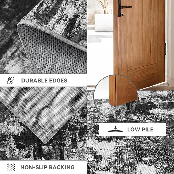 2x3 Washable Area Rug for Entryway：Soft Traditional Printed Area Rug Non-Slip Kitchen Rugs Low-Pile Medallion Indoor Door Mat Small Farmhouse Carpet for Entrance Foyer Bedside Black White 2x3