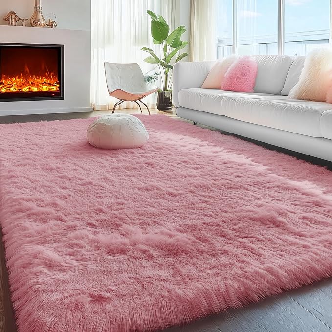 PAGISOFE Shaggy Fluffy Area Rugs Carpets for Girls Room Baby Nursery Teens Rooms 4x6 Feet Pink Plush Fuzzy Shag Rugs for Kids Bedroom Home Decor Aesthetic Coral Furry Rug, Blush