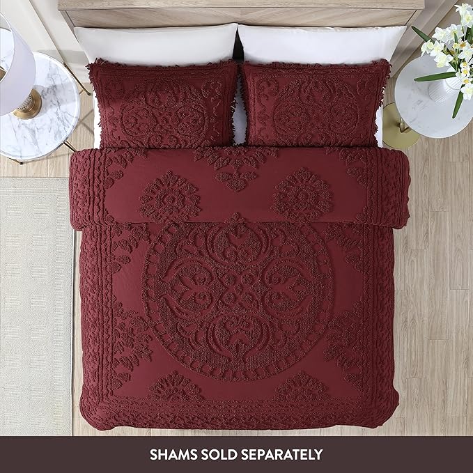 Beatrice Home Fashions Medallion Chenille Bedspread, Full, Burgundy