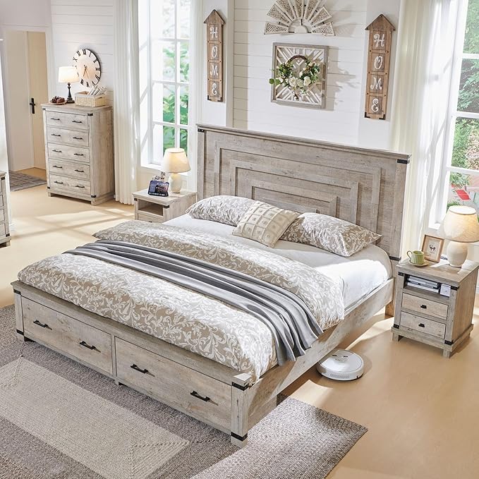 T4TREAM Farmhouse King Size Bed Frame with 54" Tall Geometric Headboard & 2 Large Storage Drawers, Rustic Wood Platform Bed with Wood Slats Support, No Box Spring Needed, Light Rustic Oak