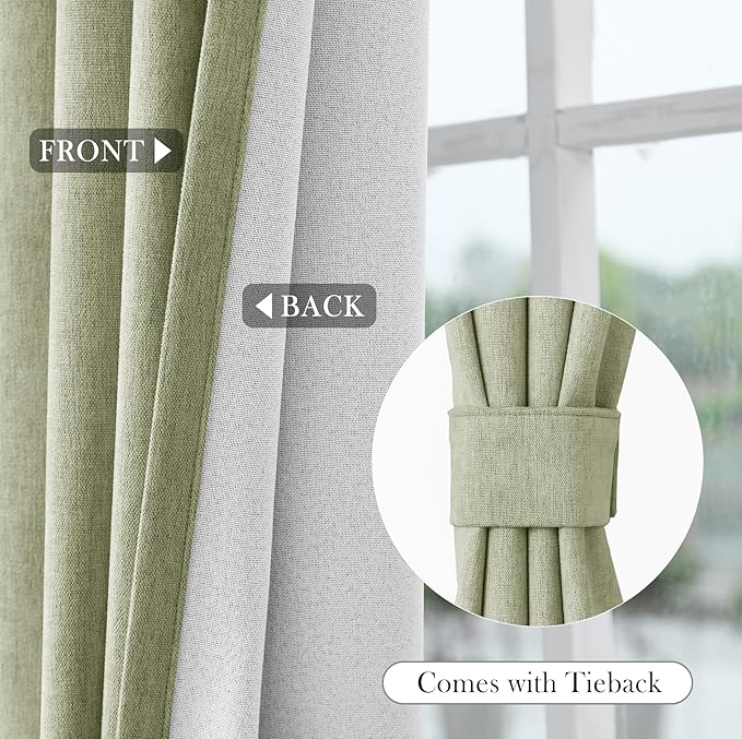 Macochico 100% Blackout Curtains Insulted Window Panels for Bedroom Living Room Dining Room Luxury Chenille Curtains Classic Home Decor Green Tint Curtains with Tieback 52" Wx72 L Grommet 1 Panel