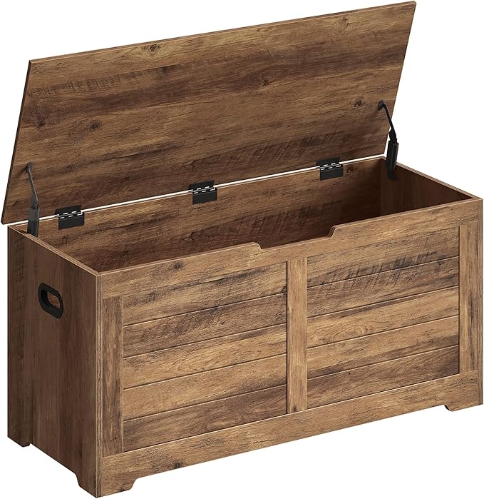 VASAGLE Storage Chest, Storage Bench with 2 Safety Hinges, Farmhouse Style, 15.7 x 39.4 x 18.1 Inches, for Entryway, Bedroom, Living Room, Honey Brown ULSB061K01