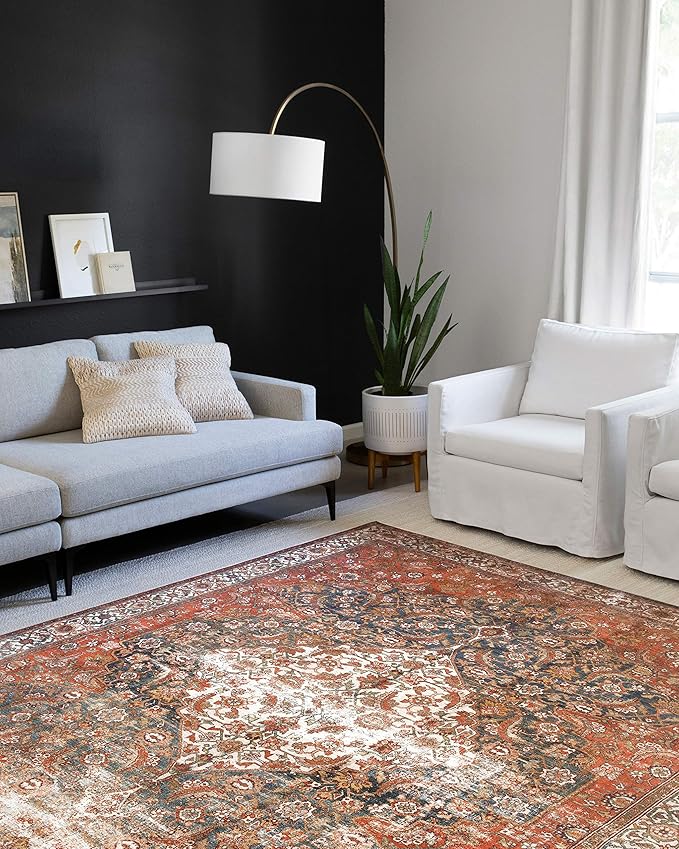 Loloi Layla Collection LAY-05 Ocean/Multi 7'-6" x 9'-6" .13" Thick Area Rug, Soft, Durable, Vintage Inspired, Distressed, Low Pile, Non-Shedding, Easy Clean, Printed, Living Room Rug