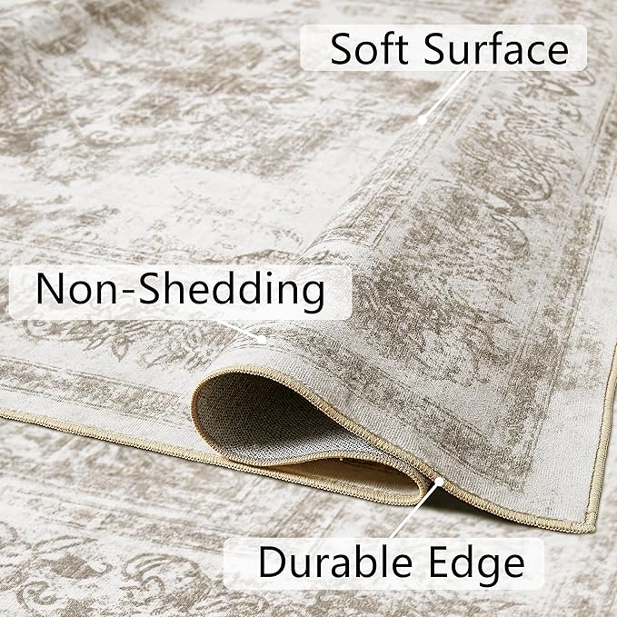 Runner Rug 3x7 Beige Hallway Washable Carpet Non Slip Vintage Medallion Carpet Low Pile Soft Distressed Retro Indoor Long Rug for Entryway Kitchen Bathroom Laundry Bedroom