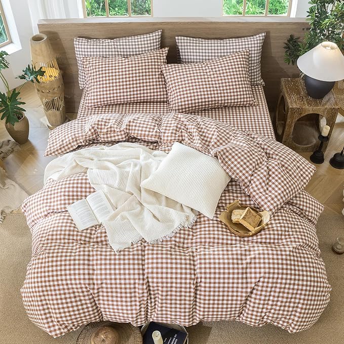 MooMee Gingham Duvet Cover Set 100% Washed Cotton Linen Like Textured Breathable Durable Soft Comfy Modern Checkered Design (Dark Orange Gingham, Oversized Queen 98"x98")