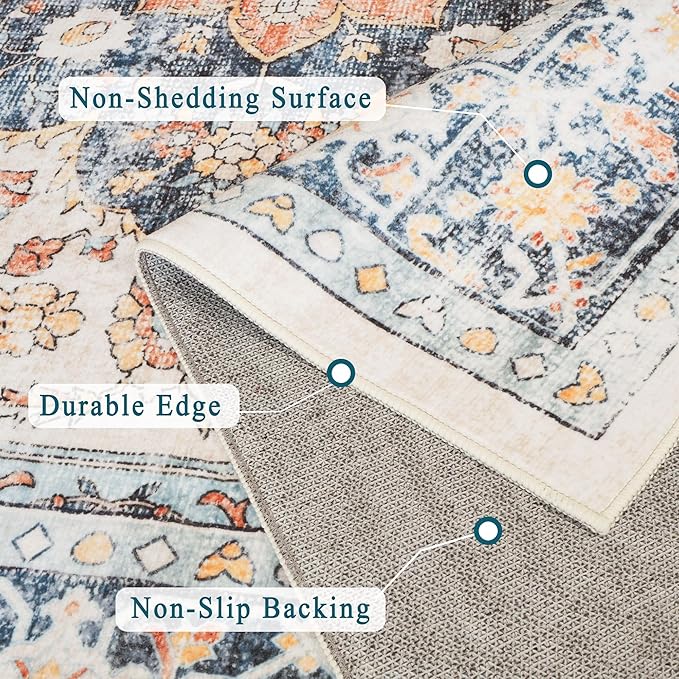 vivorug 8x10 Area Rugs for Living Room, Non-Slip Backing Washable Rug 8x10, Large Area Rug Soft Carpet for Bedroom Dining Room, Vintage, Easy Clean, Durable, Low Pile Rug Orange/Navy
