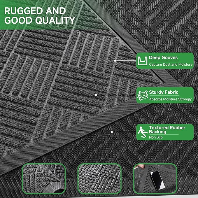 Front Door Mat, Heavy Duty Indoor Outdoor Doormat, 72" x 36" Low Profile Outdoor Mats for Home Entrance, Stain and Fade Resistant Welcome Mat Ideal for High Traffic Area, Diamond Grey