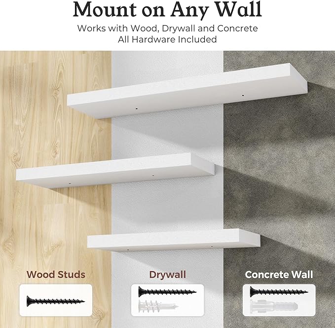 Floating Shelves for Wall, 9.3" Deep Wall Mounted Wood Shelves for Bathroom, Bedroom, Living Room, Kitchen, Hanging Shelf for Books/Storage/Room Decor (White 40")