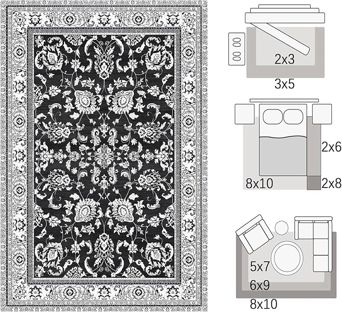 Area Rugs 5x7 Machine Washable Floral Rug Non Silp Faux Wool Vintage Soft Black Carpet for Living Room Dinning Room Bedroom Rug Under Bed Floor | Black White