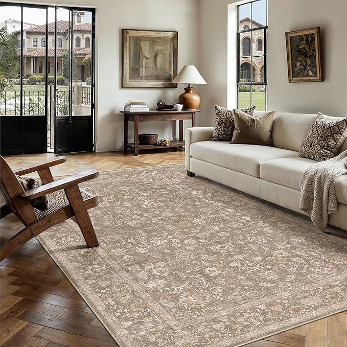 5x7 Deep Brown Area Rug Non Slip Vintage Living Room Distressed Machine Washable Carpet Traditional Indoor Bedroom Deep Brown Retro Floral Accent Throw Rug for Office Kitchen Dorm Dining Room