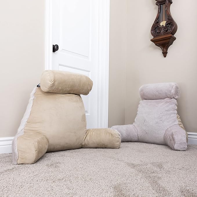 Husband Pillow XXL Baby Golden Wolf Fabulous Faux Fur Backrest, Two-Tone Reversible Double Sided Reading & Bed Rest Pillow with Arms & Neck Roll, Adjustable Memory Foam - Sit Up Extremely Comfy