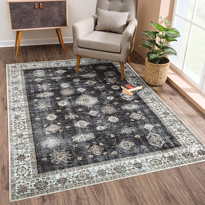 Bloom Rugs Washable Non-Slip 5' x 7' Rug - Black/Ivory Traditional Area Rug for Living Room, Bedroom, Dining Room, and Kitchen - Exact Size: 5' x 7'