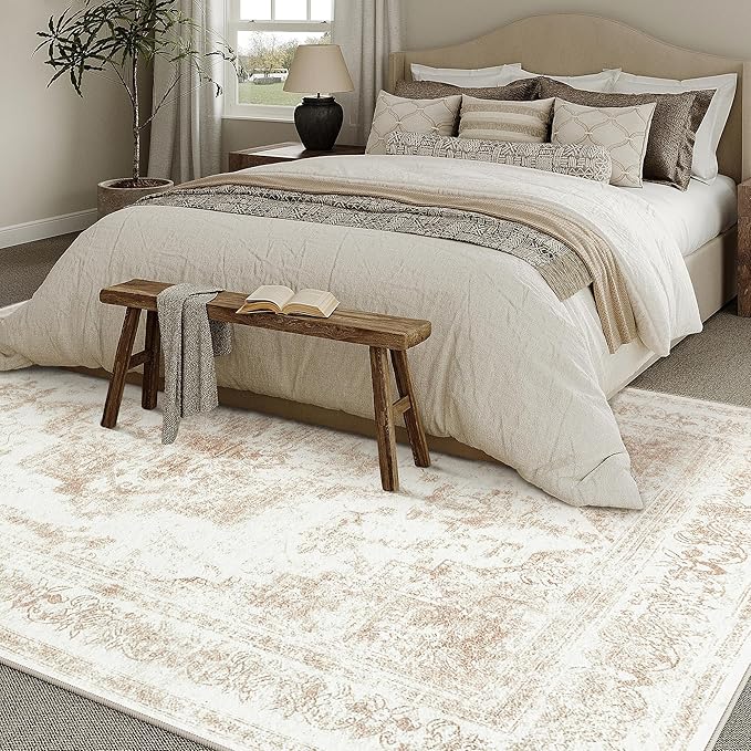 Area Rug 10x12 Cream Washable Living Room Beige Carpet Non Slip Vintage Medallion Indoor Bedroom Beige Carpet Low Pile Soft Retro Distressed Large Rug Home Office Dining Room Playroom