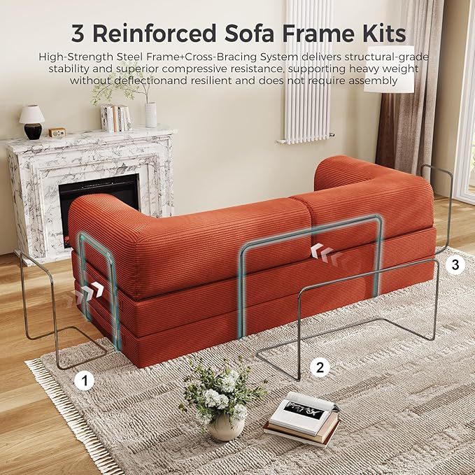 5-in-1 Folding Convertible Sofa Bed, 78 Inch Oversized Corduroy Upholstered Boneless Couch, Loveseat Sleeper with Pull Out Bed, Floor Sofa Modular Futon Couch for Living Room Bedroom Lounge