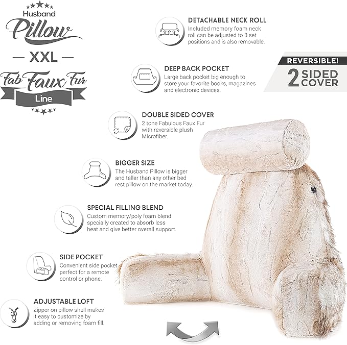 Husband Pillow XXL Rare Baby Coyote Fabulous Faux Fur Backrest, 2-Tone Reversible Double Sided Reading & Bed Rest Pillow with Arms & Neck Roll, Adjustable Memory Foam - Sit Up Extremely Comfy