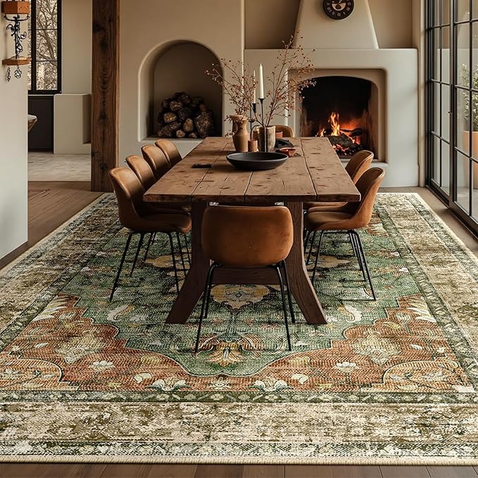 Area Rugs 9'x12' Washable Non-Slip, Floral Vintage Distress Print Pattern Medallion Carpet for Living Room Bedroom Dining Room, Brick Red Rust Neutral Brown Burnt Orange Green