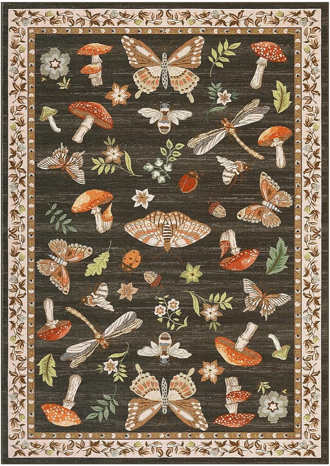 Mushroom Washable Area Rug 6x9 Rugs for Living Room Soft Low-Pile Stain Resistant Thin Carpet for Bedroom Dining Nursery Non Slip Mat with Rubber Brown