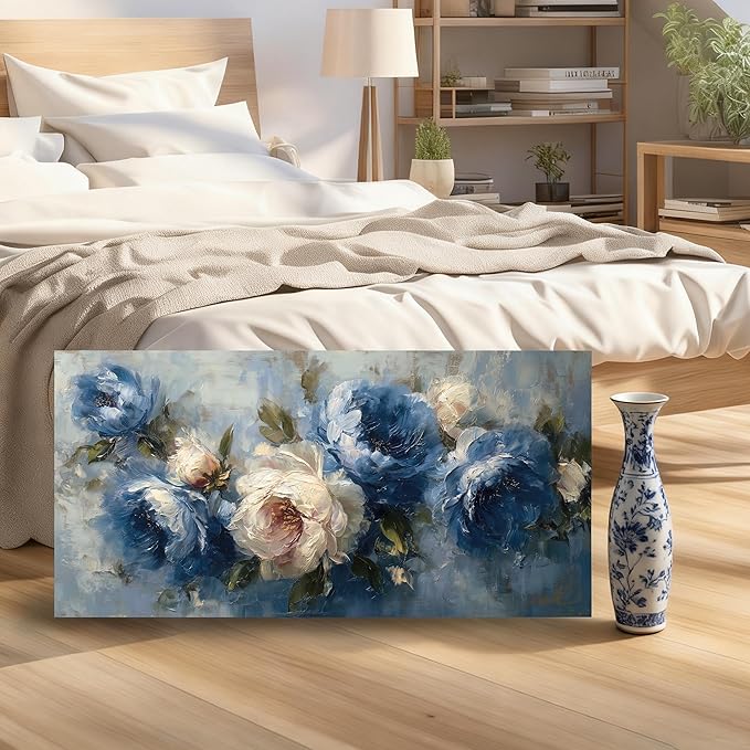 JuhaiArt Peony Floral Wall Art Bedroom Blue Wall Decor White Wall Picture Flower Artwork for Living Room Office 20" x 40"