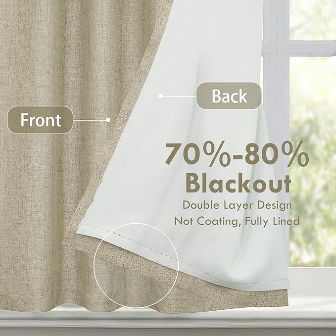 DriftAway Double Layer Linen Blackout Tie Up Curtains Thermal Insulated Fully Lined Balloon Roman Shade Bathroom Window Adjustable Rod Pocket for Small Window 39 Inch by 55 Inch Light Khaki Linen