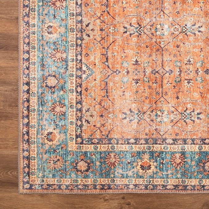 Bloom Rugs Washable Non-Slip 2' x 3' Rug - Orange/Teal Blue Traditional Bordered Area Rug for Living Room, Bedroom, Dining Room, and Kitchen - Exact Size: 2' x 3'
