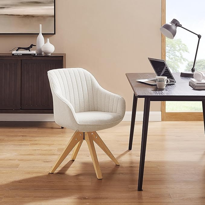 Zouron Accent Chair with Wooden Legs, Swivel Desk Chairs No Wheels, Upholstered Armchair Vanity Chair for Small Space Home Office Living Room Bedroom, Beige and Natural Wood